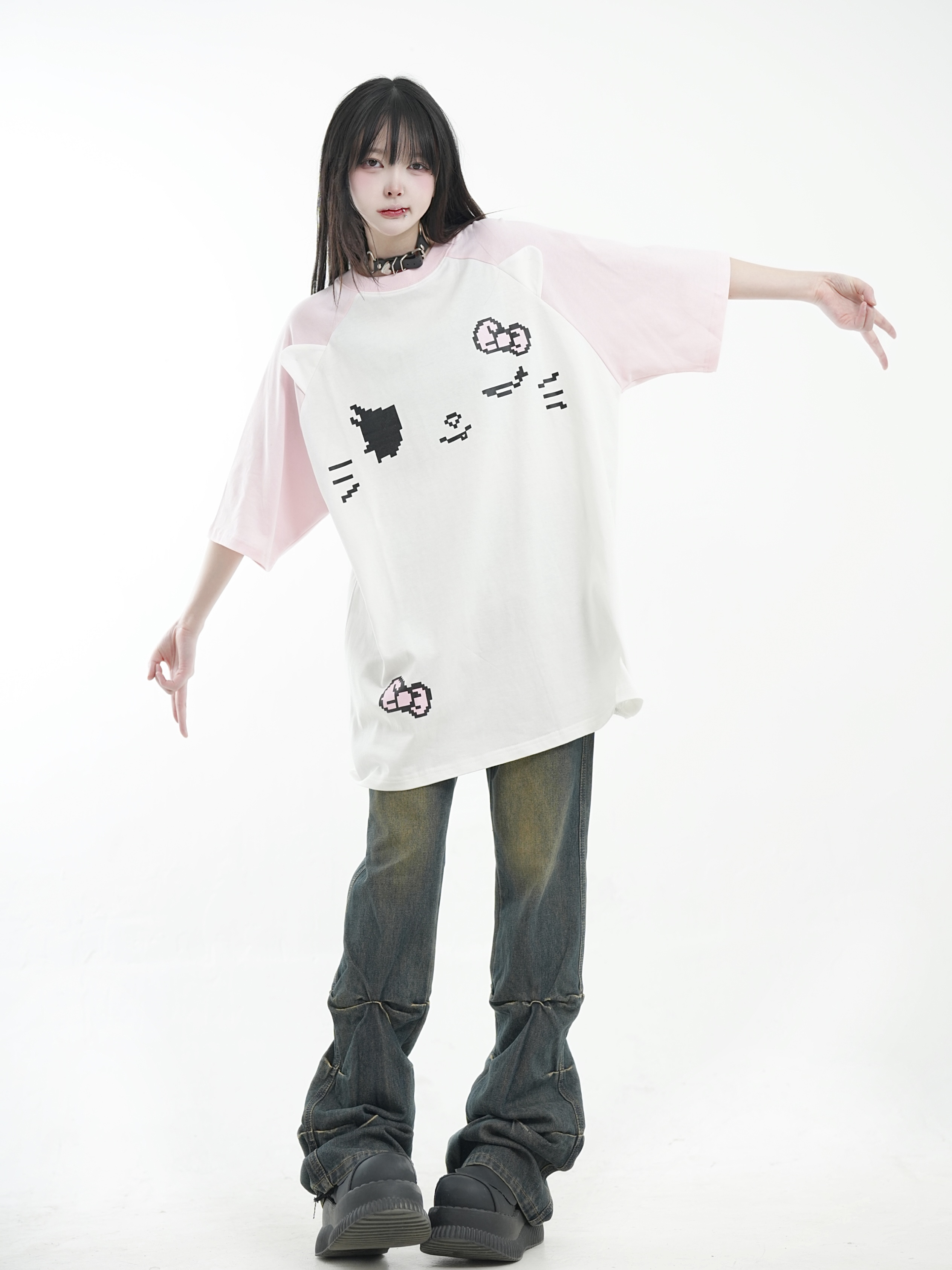 咖喱人夏季新款亚文化骷髅猫猫印花T恤亚比宽松卡通短袖上衣女 女装/女士精品 T恤 原图主图
