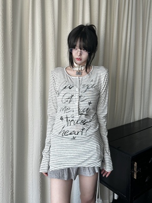 咖喱人美式Y2K条纹长袖T恤女春季字母亚文化修身显瘦打底衫上衣