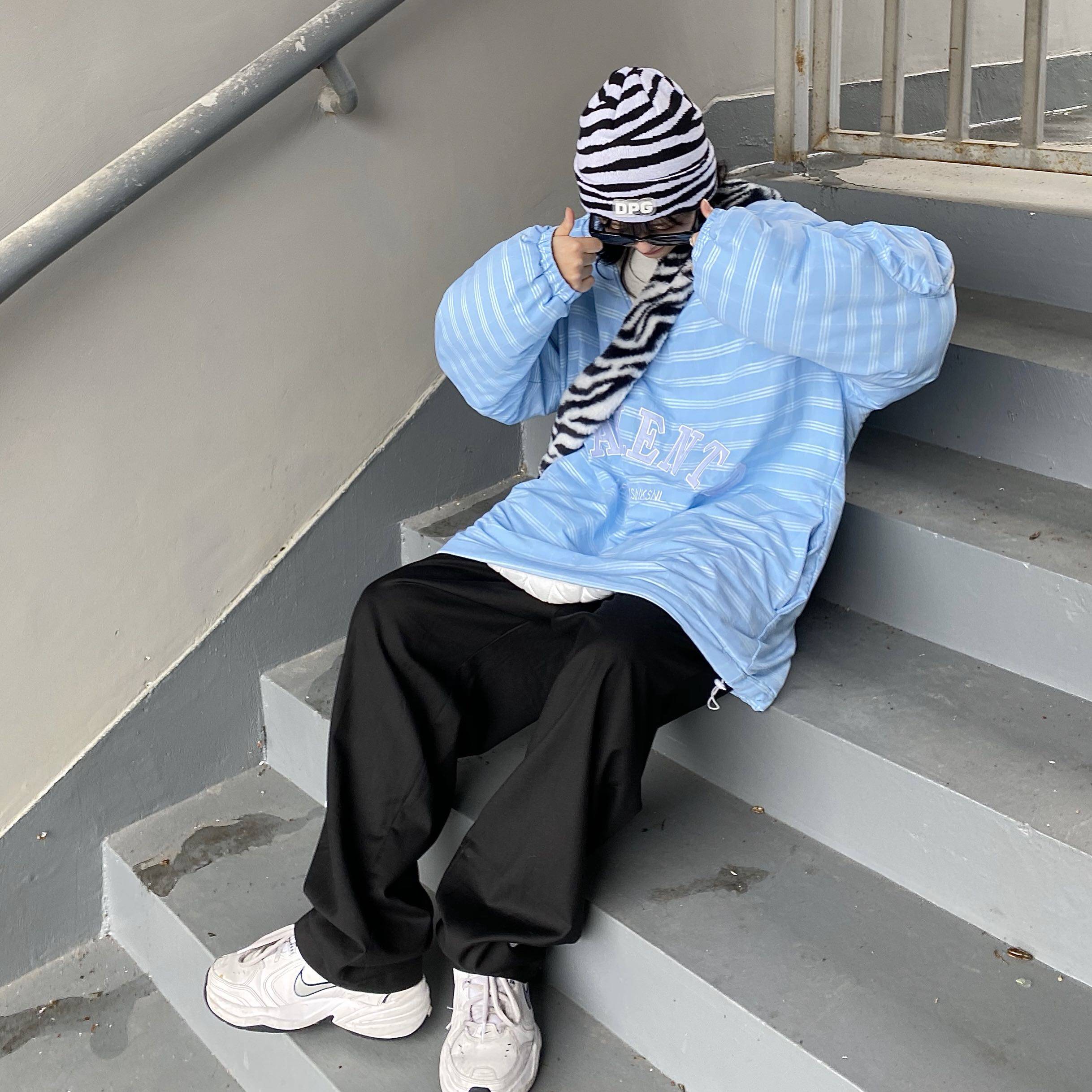 Takeoff咖喱人冬加厚棉服卫衣外套条纹V领宽松男女日韩街头潮bf暖