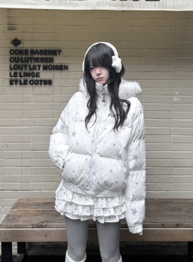 咖喱人冬季可爱星星印花毛领连帽棉服外套女新款加厚保暖上衣日韩