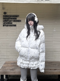 咖喱人冬季可爱星星印花毛领连帽棉服外套女新款加厚保暖上衣日韩