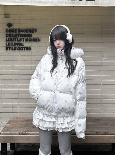 咖喱人冬季可爱星星印花毛领连帽棉服外套女新款加厚保暖上衣日韩