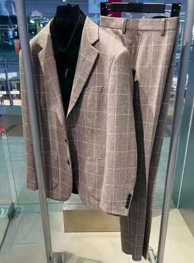 [两件套]G家男装格纹西服套装男士轻商务含羊毛直筒西裤西装3004I