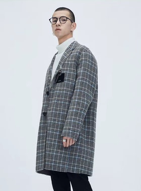 柜1899[G]男装长款格纹大衣秋冬新款翻领双面羊毛呢格子外套6001L