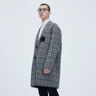 格纹大衣秋冬新款 柜1899 长款 男装 翻领双面羊毛呢格子外套6001L
