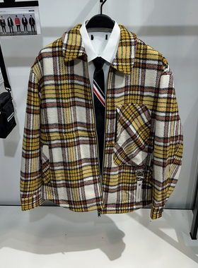 【G】通勤男装格纹翻领羊毛呢夹克冬季宽松夹棉保暖工装外套1001J