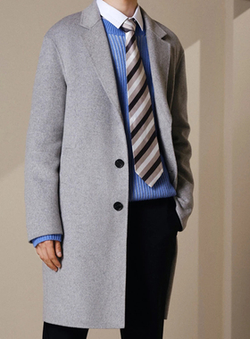 [G]男装灰色轻便双面羊毛呢大衣男秋冬新款商务休闲毛呢外套6569G