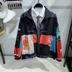 [商场款]G家男装休闲夹克春秋男士潮流撞色印花立领宽松上衣外套