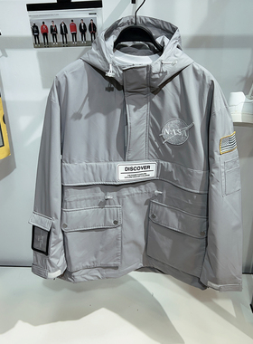 【G】男装连帽夹克男半拉链套头刺绣夹棉风衣户外工装冲锋衣外套