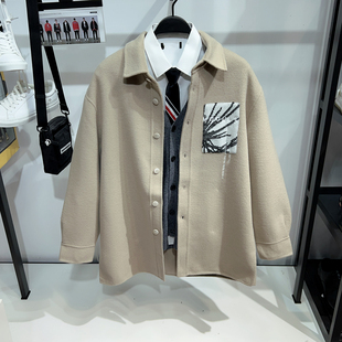 卡其色双面呢大衣男宽松翻领休闲保暖外套004I G家男装 100羊毛