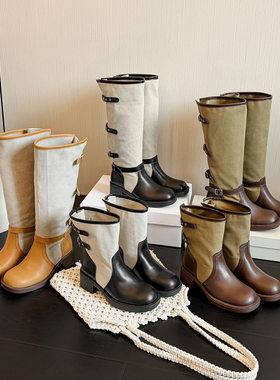翻折两穿堆堆靴女2026新款拼色西部牛仔靴高筒长靴中长筒骑士靴