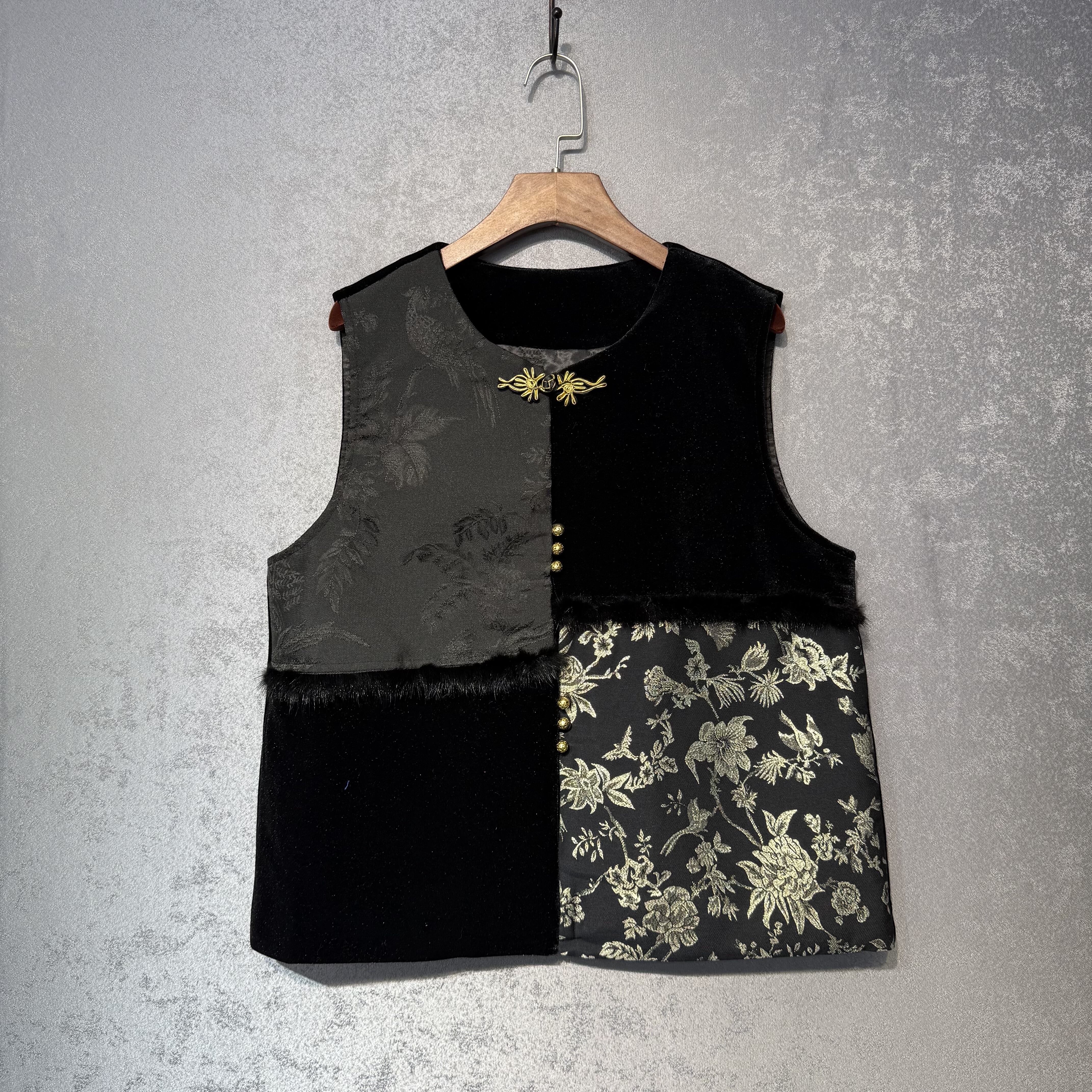 新中式盘扣撞色夹棉马甲女提花拼接丝绒水貂毛马夹高档国风上衣女