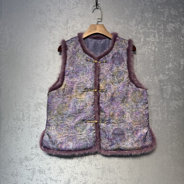 新中式 国风圆领盘扣加棉坎肩高货 香云纱重磅水貂毛加厚马甲紫色