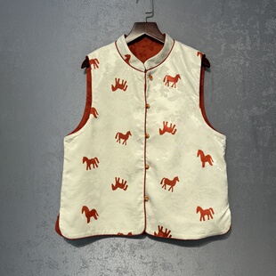 新中式红色小马刺绣两面双穿宽松马甲女春秋款人丝织花马夹拜年服