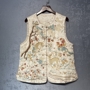 缎面重工刺绣马甲2025秋新款 新中式 复古盘扣提花坎肩 森见麋鹿