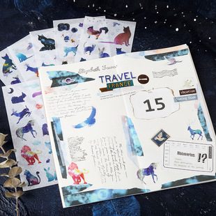 手帐本装饰贴纸 梦幻奇宠之星空猫和纸贴纸可爱少女贴纸6张入 D1