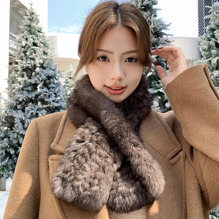 韩版真兔毛编织围巾女秋冬双面加厚保暖围脖高级感百搭皮草毛领子