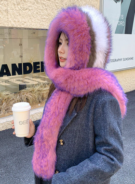 狐狸毛帽子围巾一体风雪帽女秋冬保暖双面加厚毛绒护耳帽大毛领子