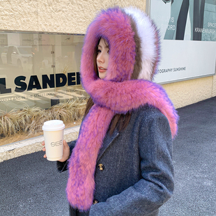 狐狸毛帽子围巾一体风雪帽女秋冬保暖双面加厚毛绒护耳帽大毛领子