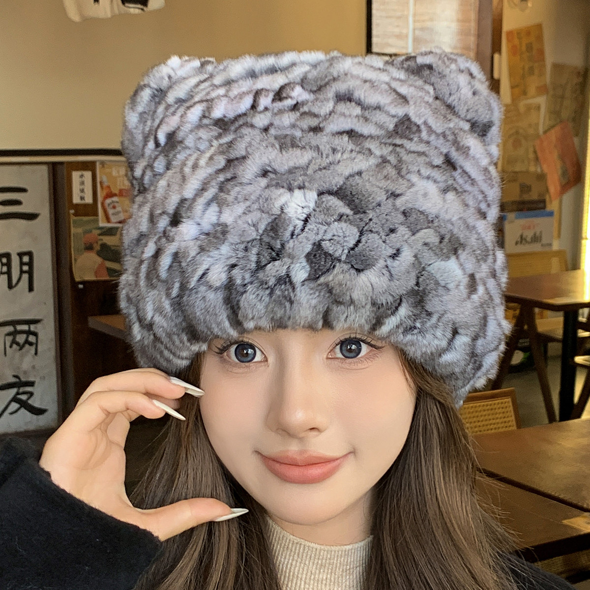 甜美可爱龙猫毛皮草帽子女秋冬季毛毛小熊帽显脸小加厚貂毛护耳帽