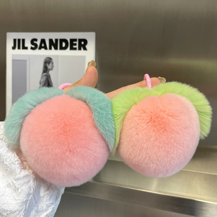 可爱獭兔毛大桃子汽车钥匙扣挂件ins毛绒球水蜜桃书包包挂饰礼物