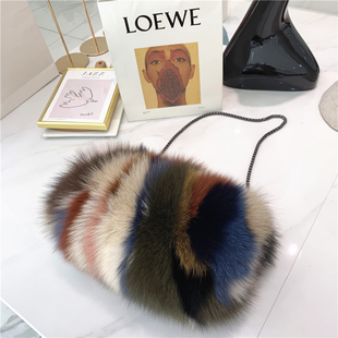 新款 秋冬整拼大块狐狸毛皮草包包暖手包包真毛单肩斜挎毛包包 韩版