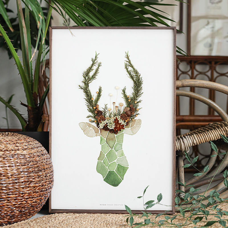 种籽造物®原创麋鹿植物标本手作画北欧复古客厅挂画立体装饰画图片