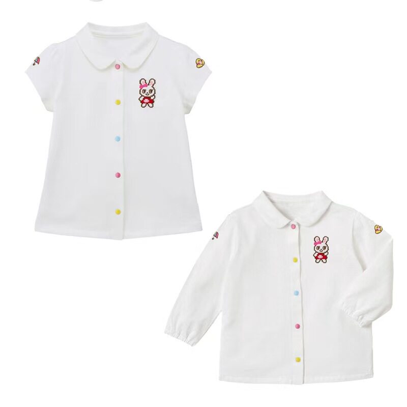 日本潮牌马赛克兔子刺绣衬衣内搭长袖 日系女童可爱翻领短袖t恤