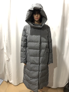 品牌尾货大码连帽女款90%白鸭绒中长款灰色羽绒服