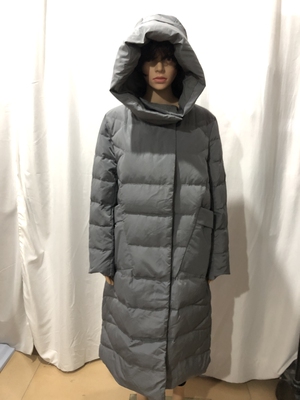 品牌尾货大码连帽女款90%白鸭绒中长款灰色羽绒服