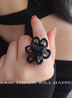甜酷辣妹黑色串珠水晶花朵戒指手工编织度假风指环气质闺蜜礼物女