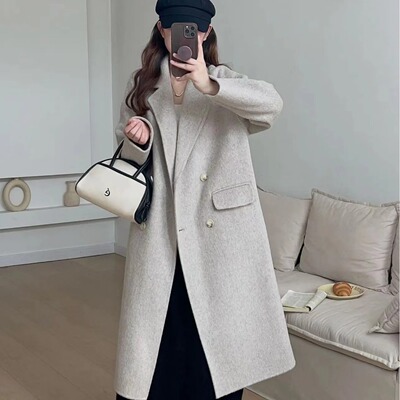 燕麦色羊毛大衣女2023新款秋冬韩系宽松中长款双面羊绒毛呢外套