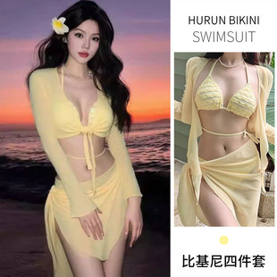 2025新款潮泳衣女爆款四件套分体长袖防晒渡假海边黄色纯欲风温泉