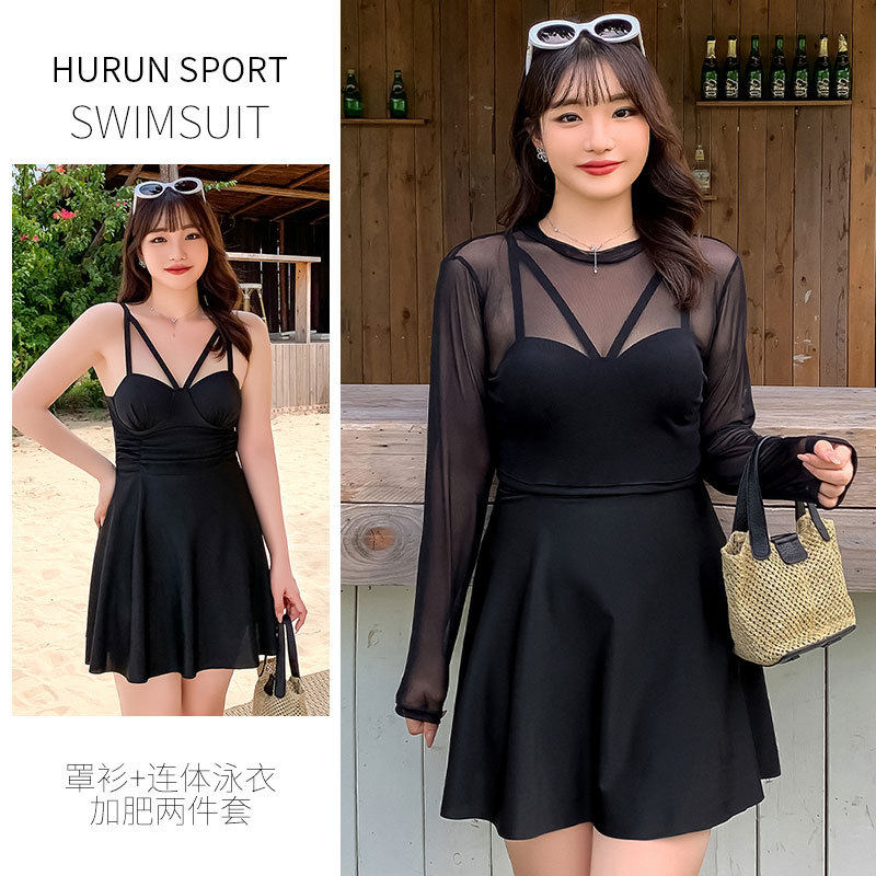 2025泳衣女大码胖mm显瘦遮肚黑色性感小胸聚拢钢托连体裙式两件套