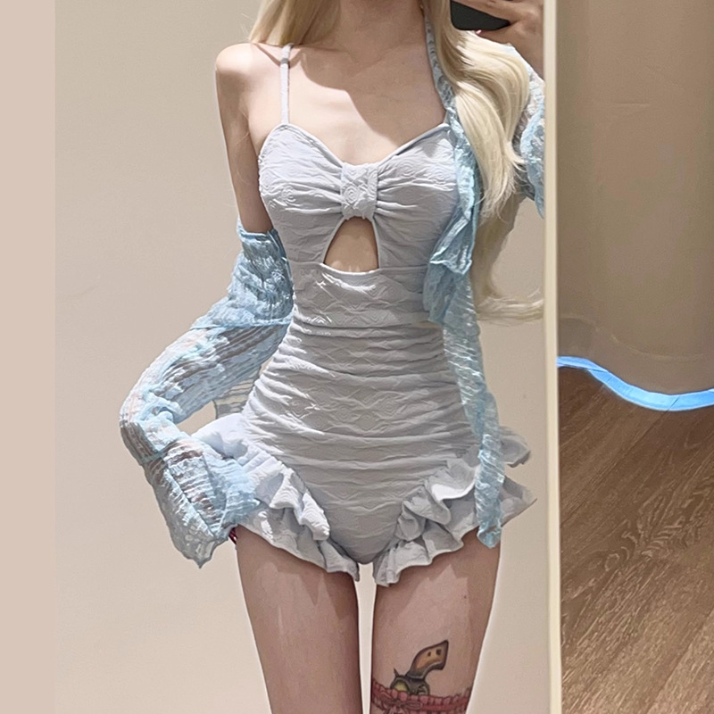 泳衣女款连体两件套装海盐薄荷蓝纯欲风显白遮肉蕾丝沙滩温泉