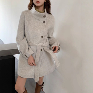2025年秋冬新款立领双面羊绒大衣女系带显瘦短款气质羊毛呢子外套