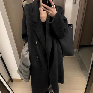 爆款炭黑色双面羊毛大衣女长款显瘦高级百搭加厚韩版羊绒女呢外套