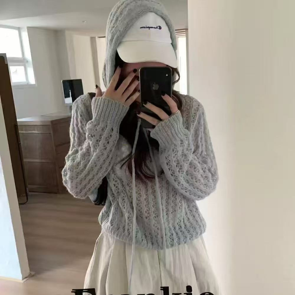 YUNS马海毛小众设计感镂空连帽针织衫女秋季宽松显瘦韩系复古小衫