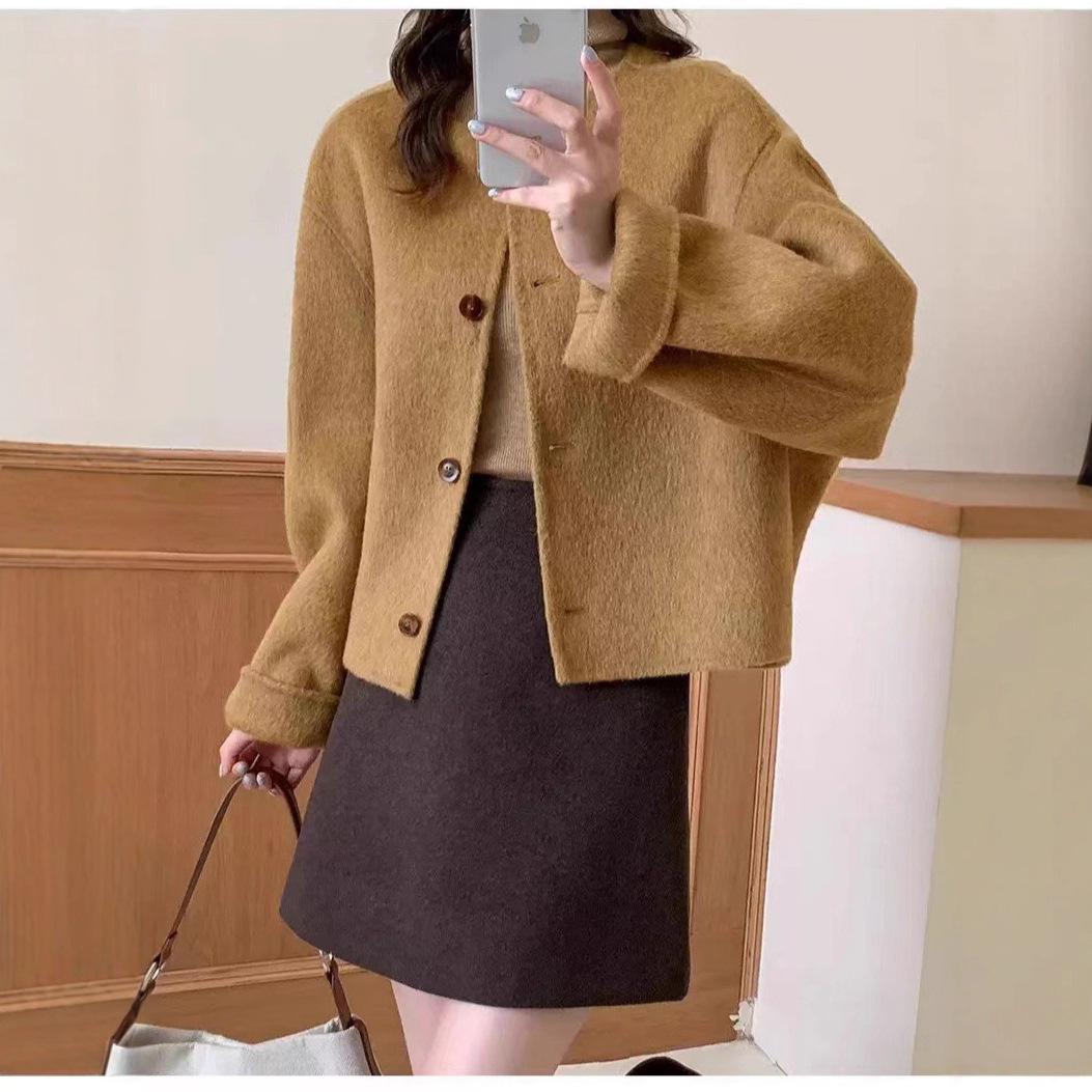 新款双面羊毛大衣短款小个子大袖子廓版加厚羊绒双面长毛保暖外套