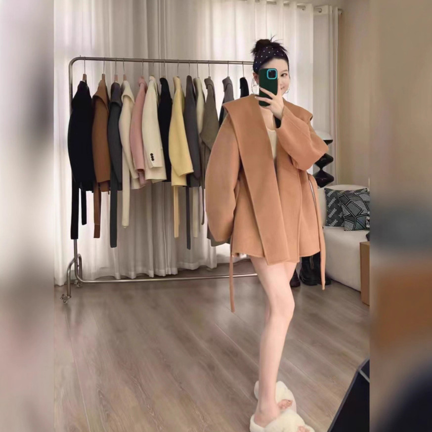 小个子双面羊绒大衣女2025秋冬新款韩系短款连帽加厚羊毛呢外套