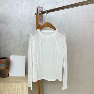 欧洲站2026春款时尚简约纯色长袖t恤百搭宽松显瘦明线设计女上衣