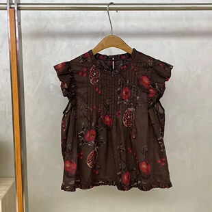欧洲站2026夏款法式复古印花圆领荷叶边飞袖衬衫女宽松显瘦娃娃衫