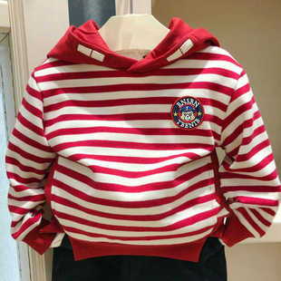 秋冬款男童条纹连帽加绒卫衣中大童洋气保暖休闲外套儿童上衣