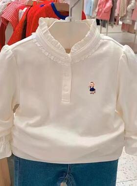 儿童童装春秋季款女童花边立领纯棉白色T恤衬衣打底衫TKLA231151K