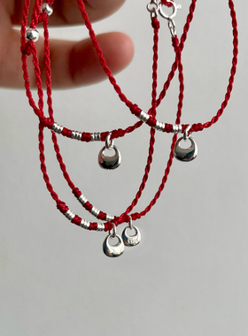 小福袋红绳手链】s925纯银正红色可调节简约细手链新年手环本命年