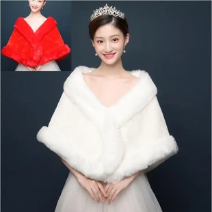 新娘婚纱毛披肩秋冬季女结婚保暖白色旗袍晚礼服外套加厚