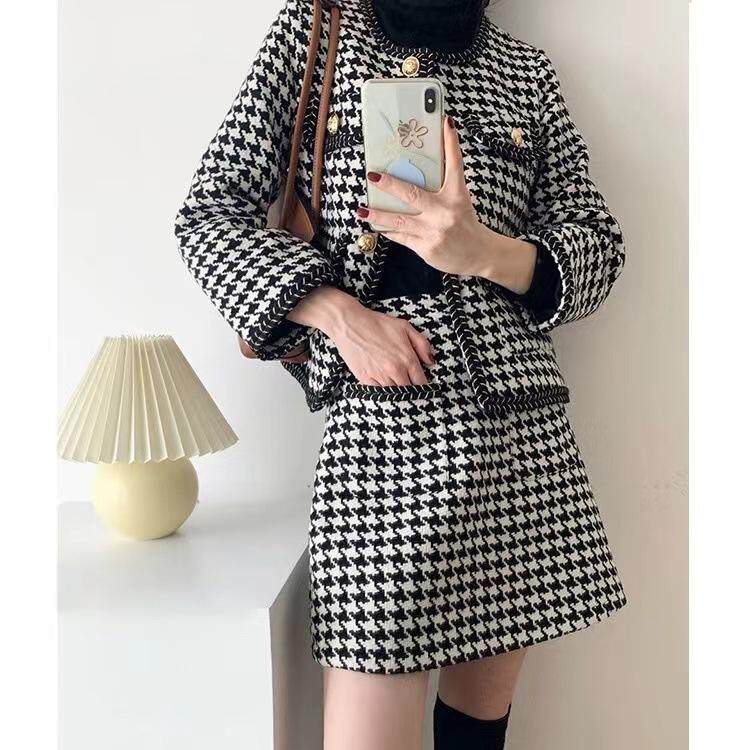 小香气质千鸟格外套半身裙两件套女名媛赫本风时尚格子上衣套装裙