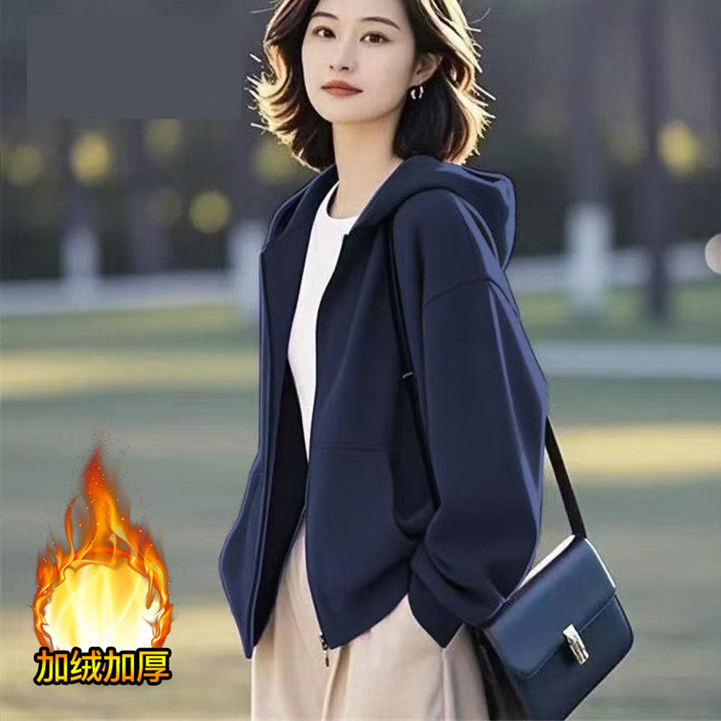 连帽加绒卫衣女休闲宽松洋气高档女装外套时尚秋冬天新款开衫上衣