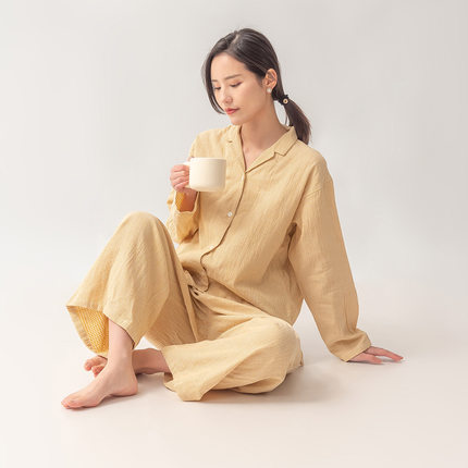 长款睡衣套装女春秋双层棉纱长裤薄款长袖家居服宽松款简约休闲