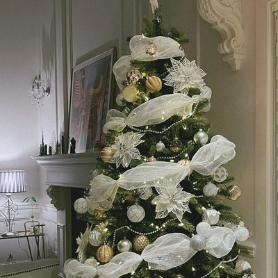 圣诞树装饰金色银色PP网纱丝带圣诞节装饰品珍珠链条透明挂件丝网